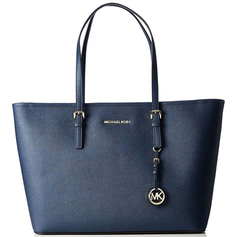 michael kors voyager medium leather tote navy blue|Michael Kors saffiano tote.